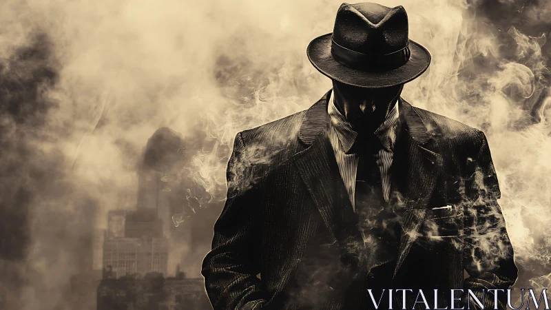 Shadowed detective in smoky noir cityscape evokes tension