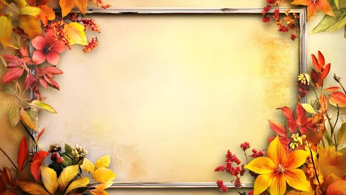 Autumn Floral Frame with Golden Borders and Seasonal Blooms.