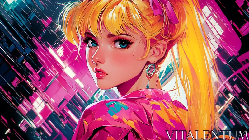 Portrait of blonde female figure in neon digital setting.