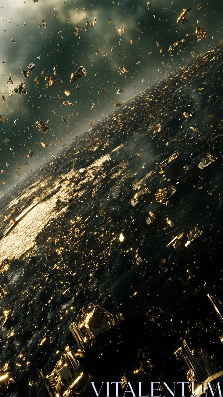 Shattered orbital megacity scatters molten golden debris.