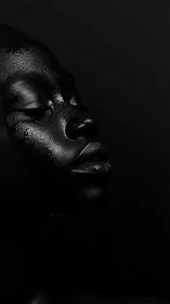 Glossy monochrome portrait captures serene, shadowed grace