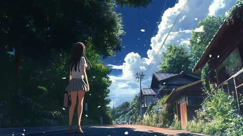 Backlit schoolgirl studies rural street perspective under cumulus sky