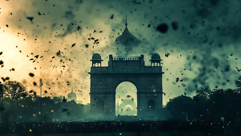 Evening skies swirl dramatically around a grand city arch