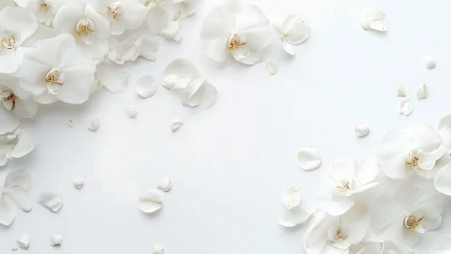 White Orchids and Scattered Petals on Minimalist Surface.