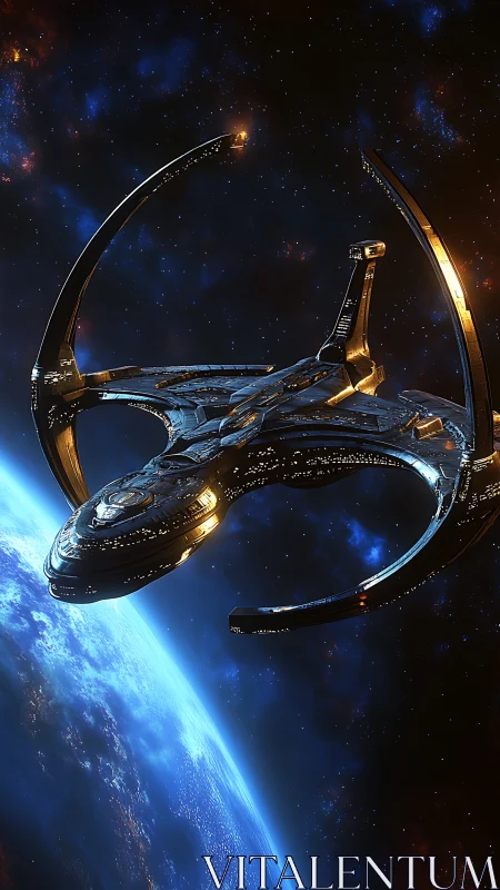 Starlit halo cruiser glides above a glowing blue world.