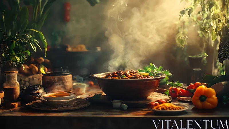 Rustic kitchen table with steaming vegetable stew bowl.