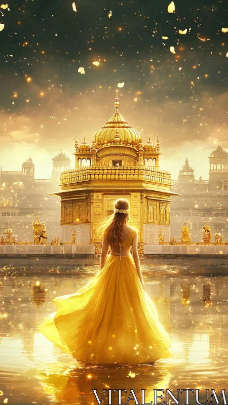 Golden temple dreamscape with luminous robed wanderer.