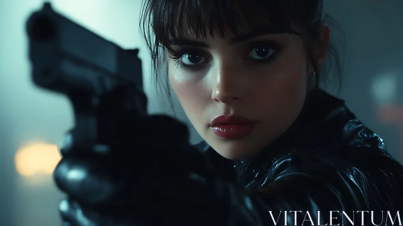 Tactical close-up of armed woman in cinematic low-key lighting.