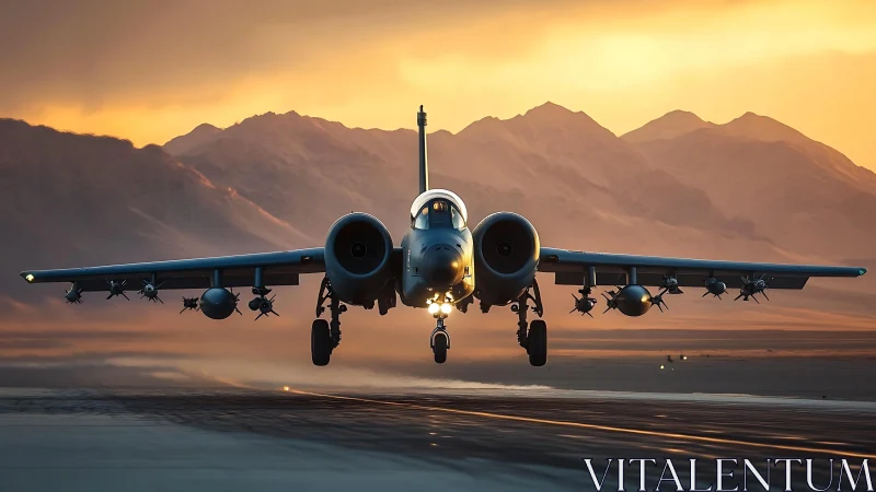 Sunset-lit attack jet powerfully lifts off a desert runway