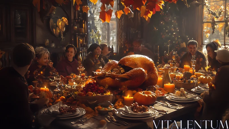 Family gathered around autumn feast with roasted turkey.