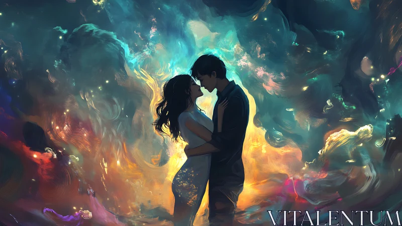 Silhouetted Couple Embracing Within Swirling Energy Field.