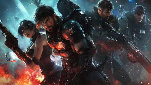 Heavily armed squad advancing through burning battlefield.