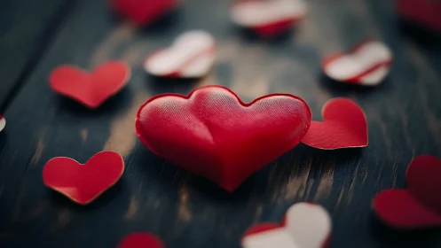 Red heart shapes arranged on dark wooden surface with selective focus.