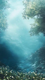 Forest stream under diffused blue light with overhanging trees.