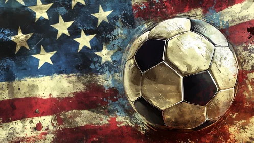 Grunge soccer ball overlaying distressed US flag artwork.
