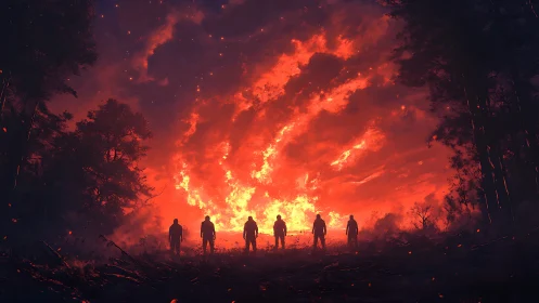 Six Silhouettes Witness Apocalyptic Inferno Unfolding.