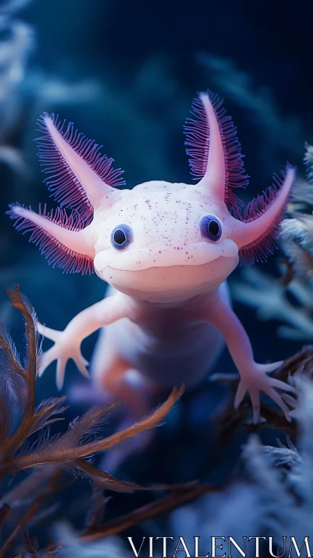 Curious pink axolotl glows softly in a dreamy blue reef