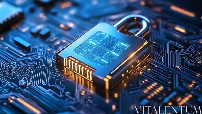 Quantum-encrypted padlock on luminous blue printed circuit