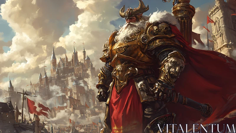 Storm-bearded war king guarding a crimson-bannered citadel.