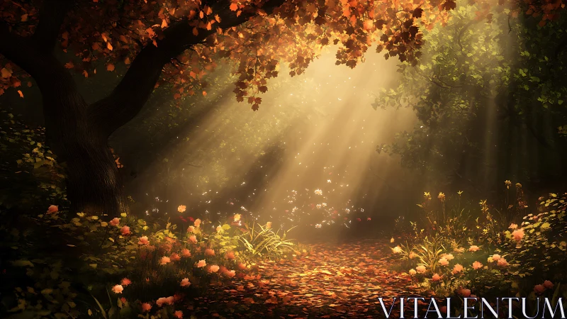 Sunlit autumn forest path glows with drifting golden leaves.