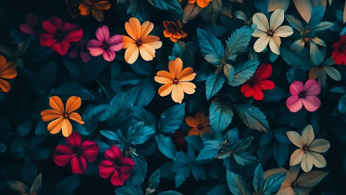 Vibrant Floral Composition with Contrasting Blooms Against Deep Teal Foliage