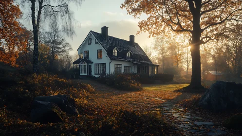 Cozy white country house glowing in gentle autumn light.