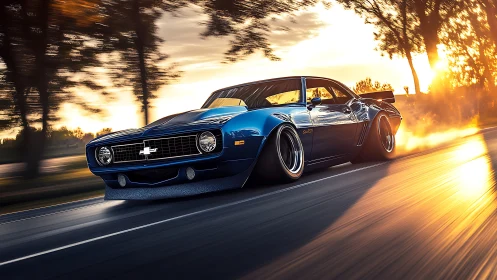 Classic blue muscle car roars through a blazing sunset highway