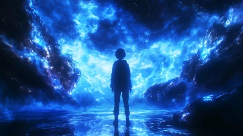 Silhouetted figure before luminous blue cosmic portal scene.