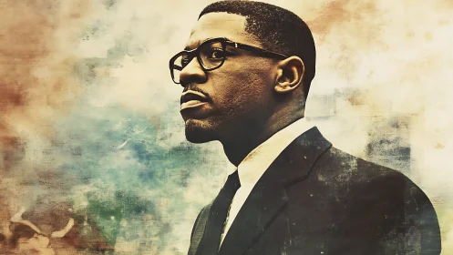 Serious man in suit against textured abstract backdrop.