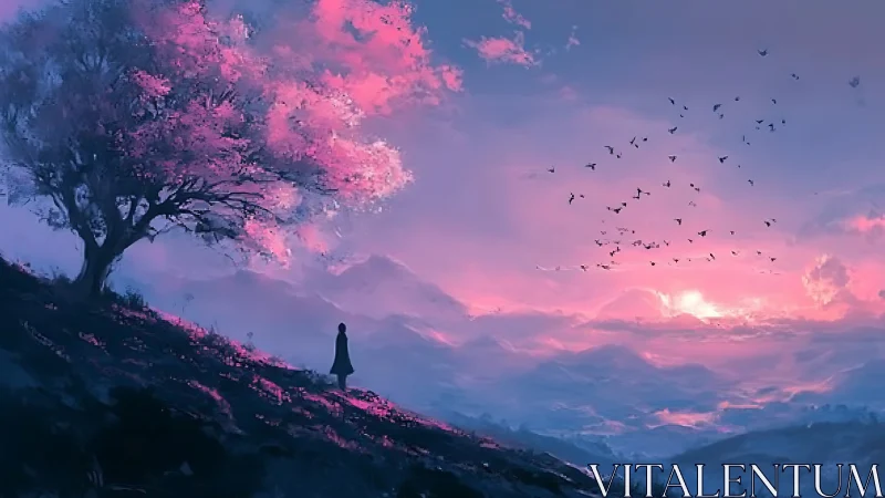 Atmospheric landscape with pink-lit tree and silhouetted observer at dusk
