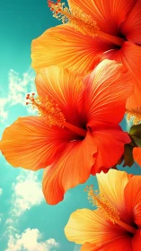 Tropical hibiscus flowers displaying radiant orange-red petals with detailed yellow stamen against t