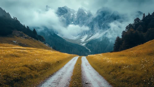 Misty mountain road cuts through golden alpine valley