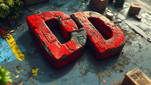 Eroded red 3D double zero blocks on gritty urban ground.