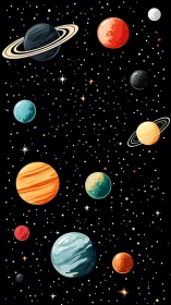 Stylized multi-planet starfield with flat-color shading and orbit rings