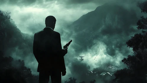 Silent watcher in misty mountains with secret mission.