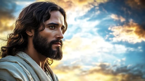 Profile portrait of serene robed man against radiant sunset sky