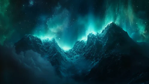 Glowing turquoise night sky embracing misty dark mountains.