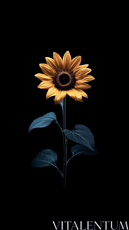 Golden Sunflower with Dark Foliage Against Black Void.