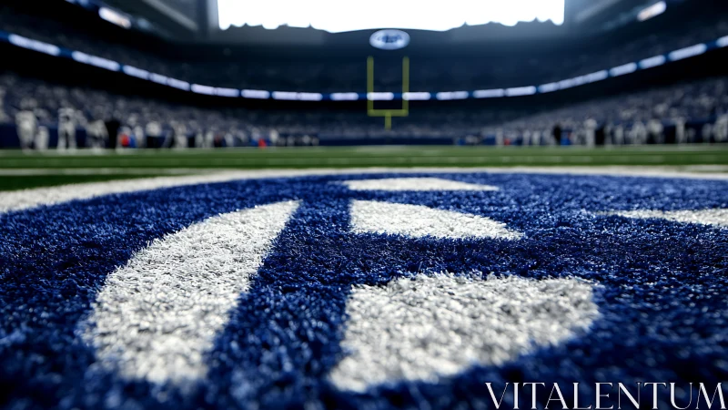 Low-angle turf logo study with stadium depth of field focus.