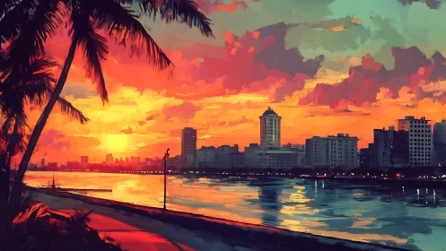 Tropical city skyline glowing under vivid sunset sky.