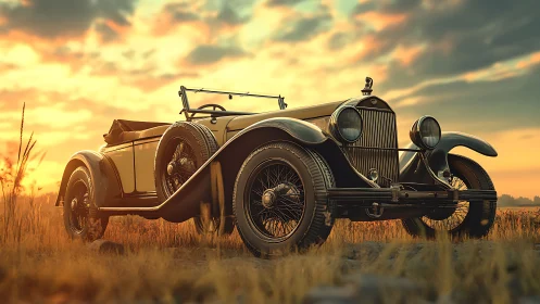Vintage convertible roadster stands in dry grass landscape