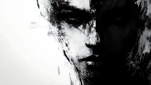 Monochrome fractured face divides light and darkness.