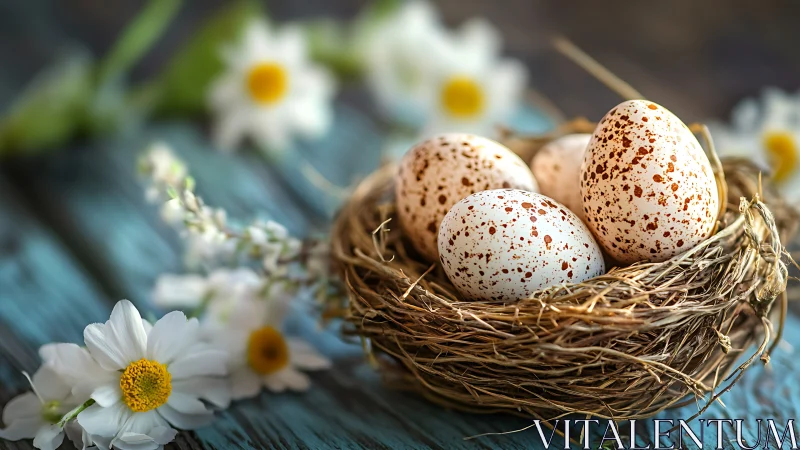 Speckled eggs resting in a cozy nest on rustic blue wood.
