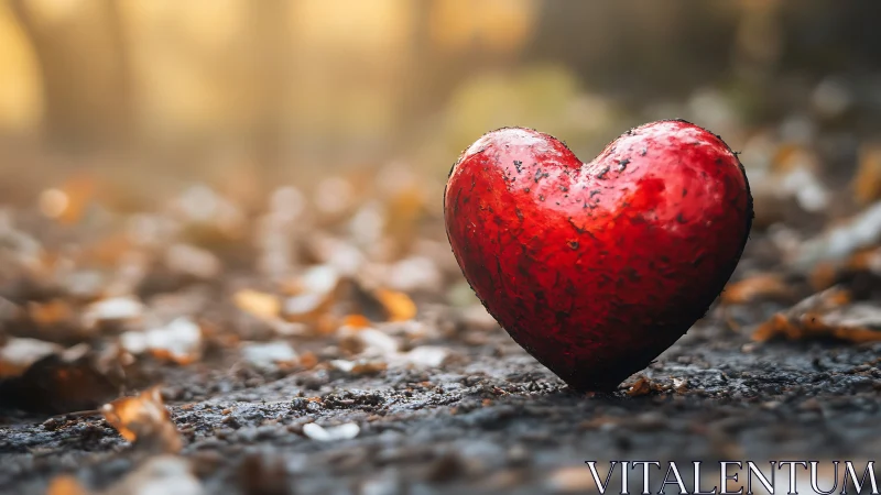 Textured crimson heart object positioned on granular weathered substrate