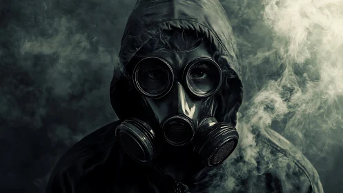 Mysterious gas mask wanderer emerging from swirling smoke.
