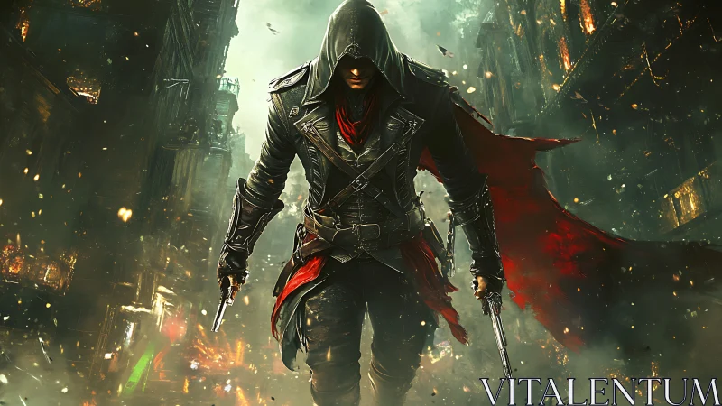 Hooded gunfighter in tattered red cloak strides through burning alley