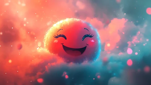 Smiling cartoon sphere within multicolored glowing clouds.
