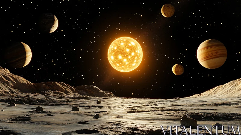 Illuminated alien star system renders over cratered moonscape