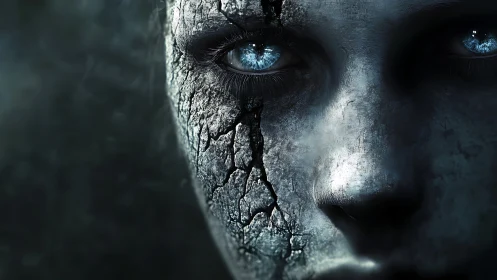 Cracked stone-like face with intense blue glowing eyes.