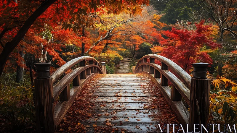 Autumn lantern bridge opens a glowing path through scarlet woods.